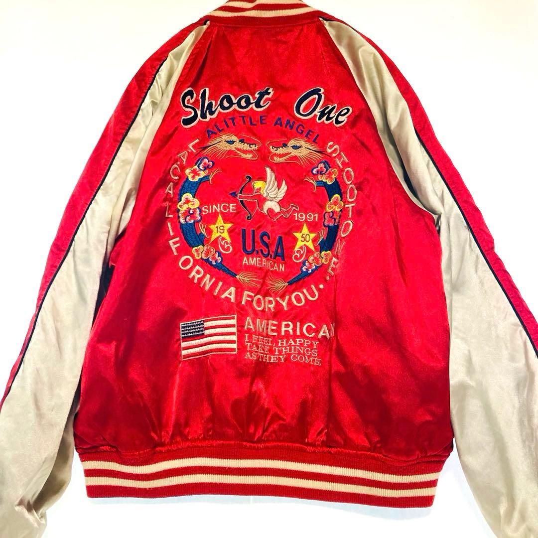 リバーシブル スカジャン ベロア×サテン 龍 刺繍 星条旗 90s Mサイズ