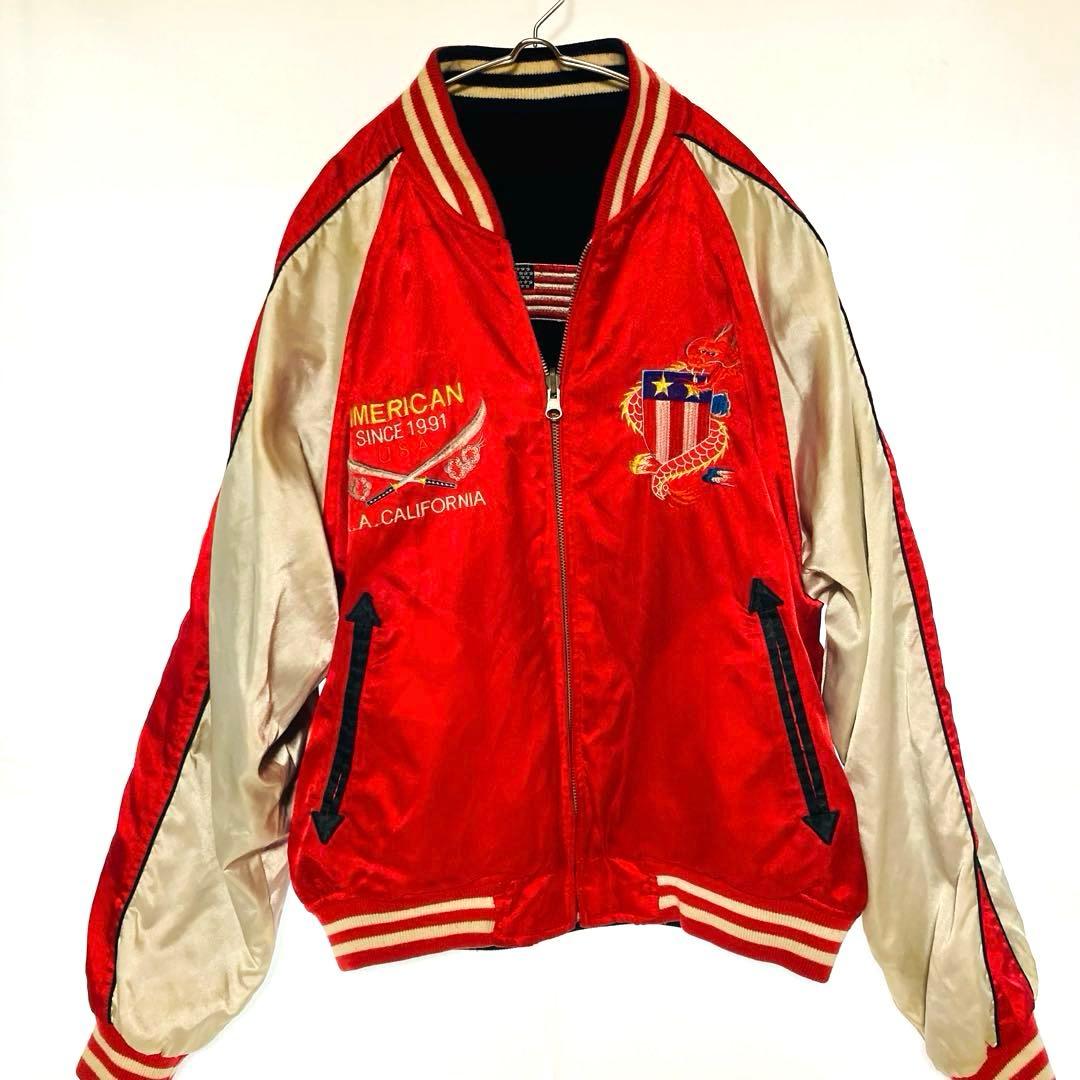 リバーシブル スカジャン ベロア×サテン 龍 刺繍 星条旗 90s Mサイズ