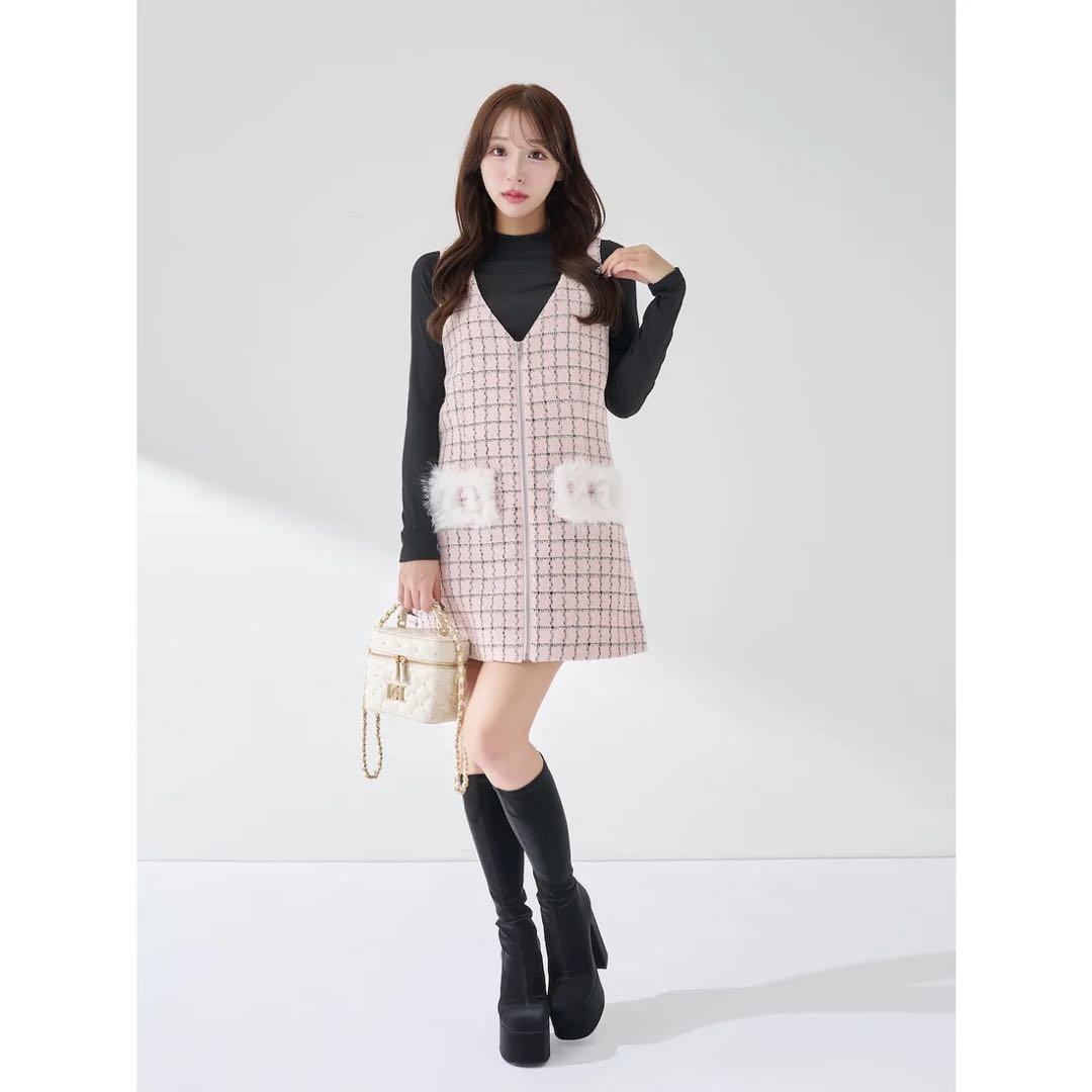 新品タグ付 ダーリッチ ピンク フロントファスナーツイードミニワンピース フリー