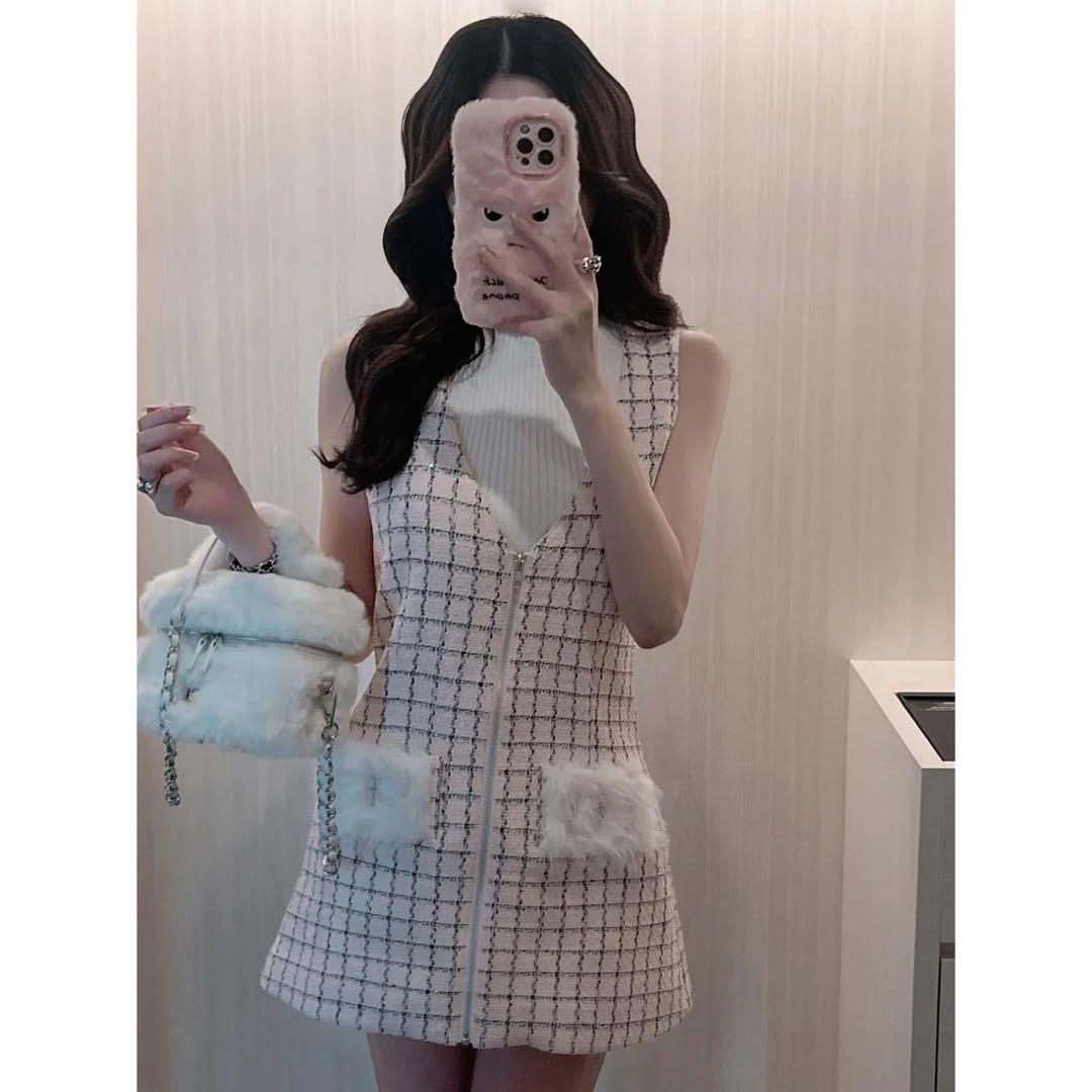 新品タグ付 ダーリッチ ピンク フロントファスナーツイードミニワンピース フリー