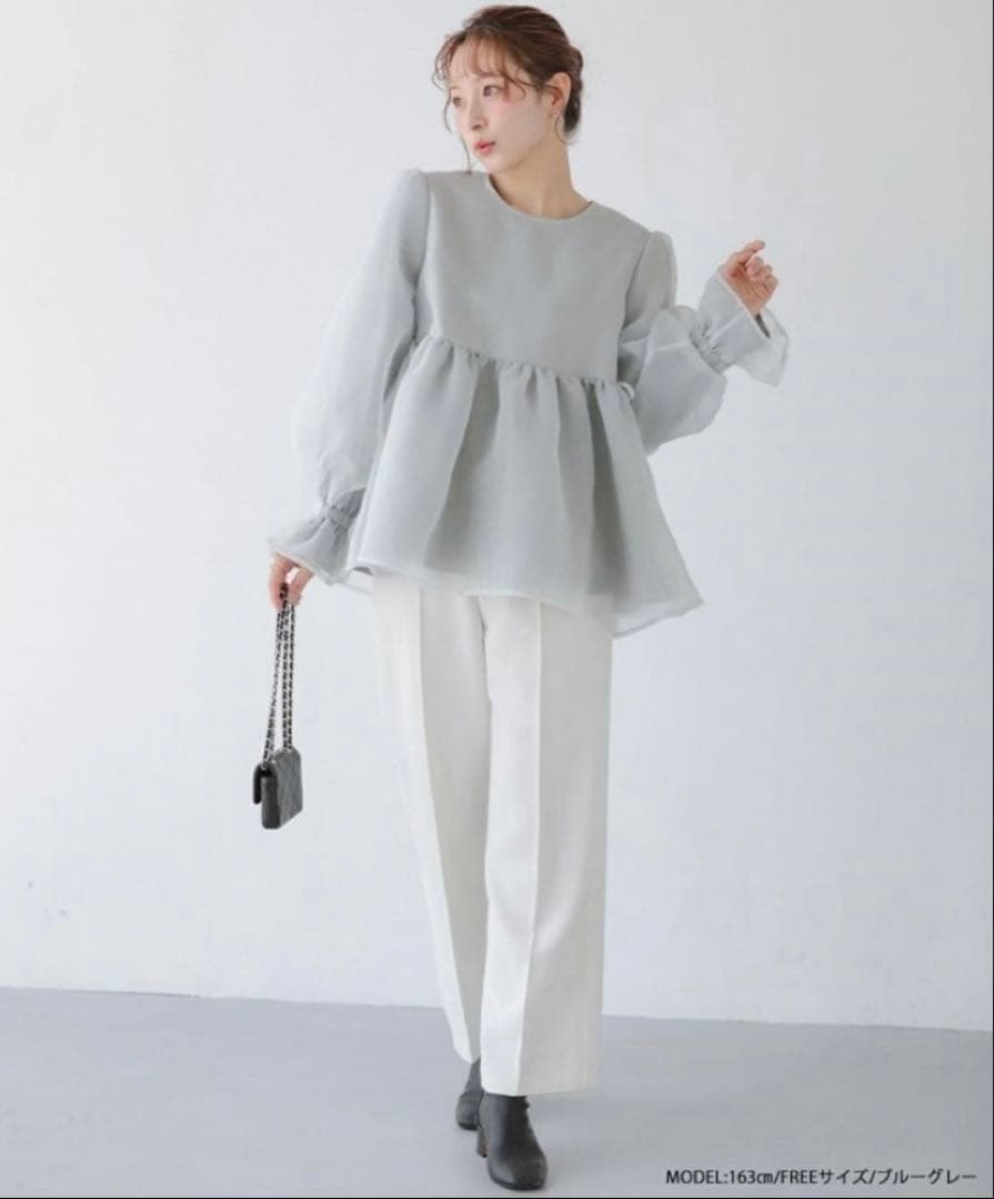 fitmore クリンクルシアーオーガンジーボリュームスリーブトップス