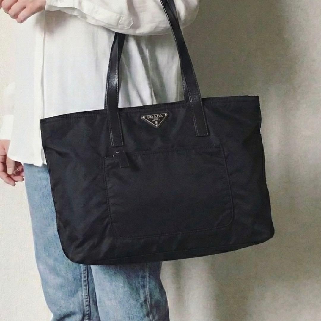 超美品 PRADA プラダ バッグ トートバッグ レザー ナイロン 黒
