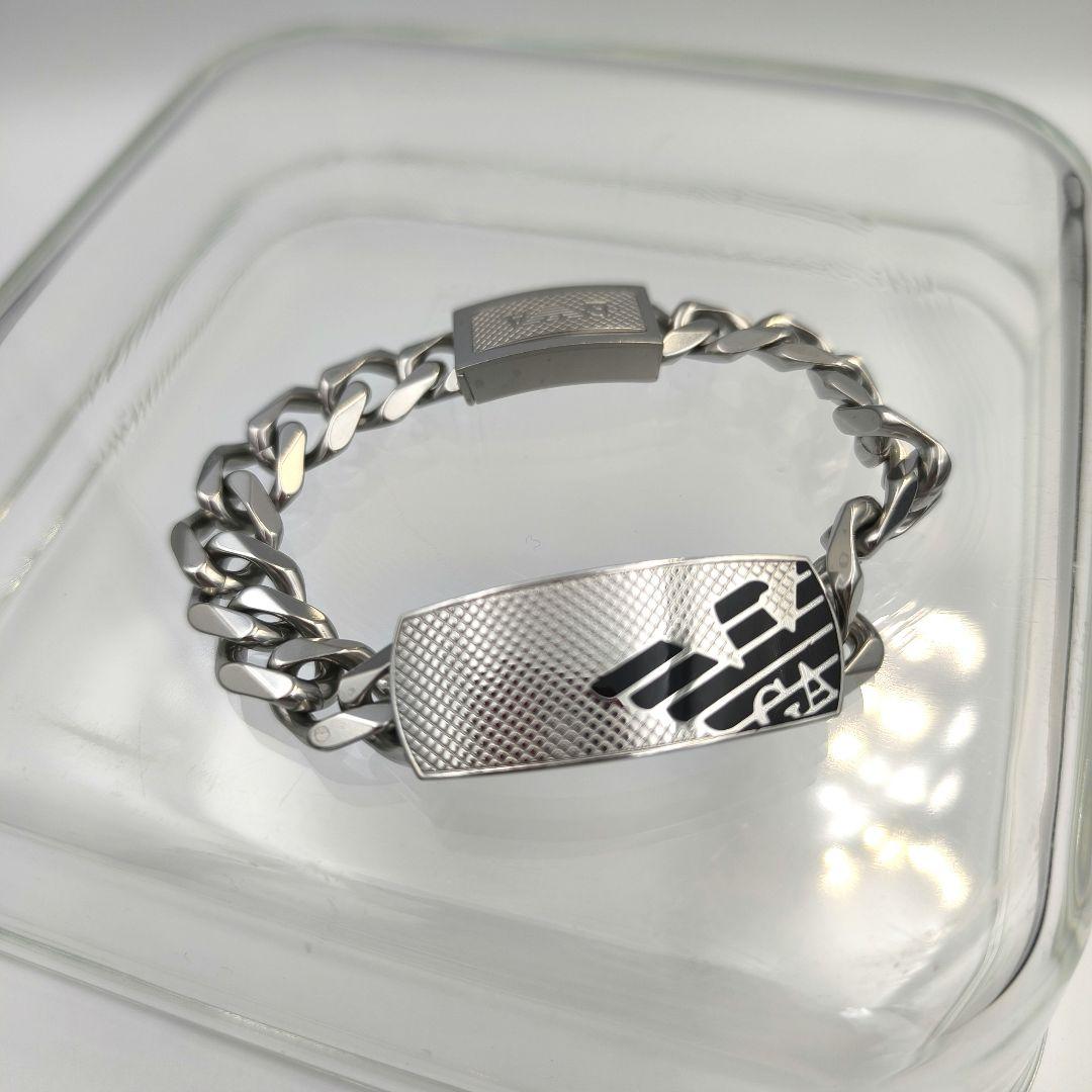 美品✨エンポリオアルマーニ シルバー ブレスレット ロゴプレート 極太 喜平
