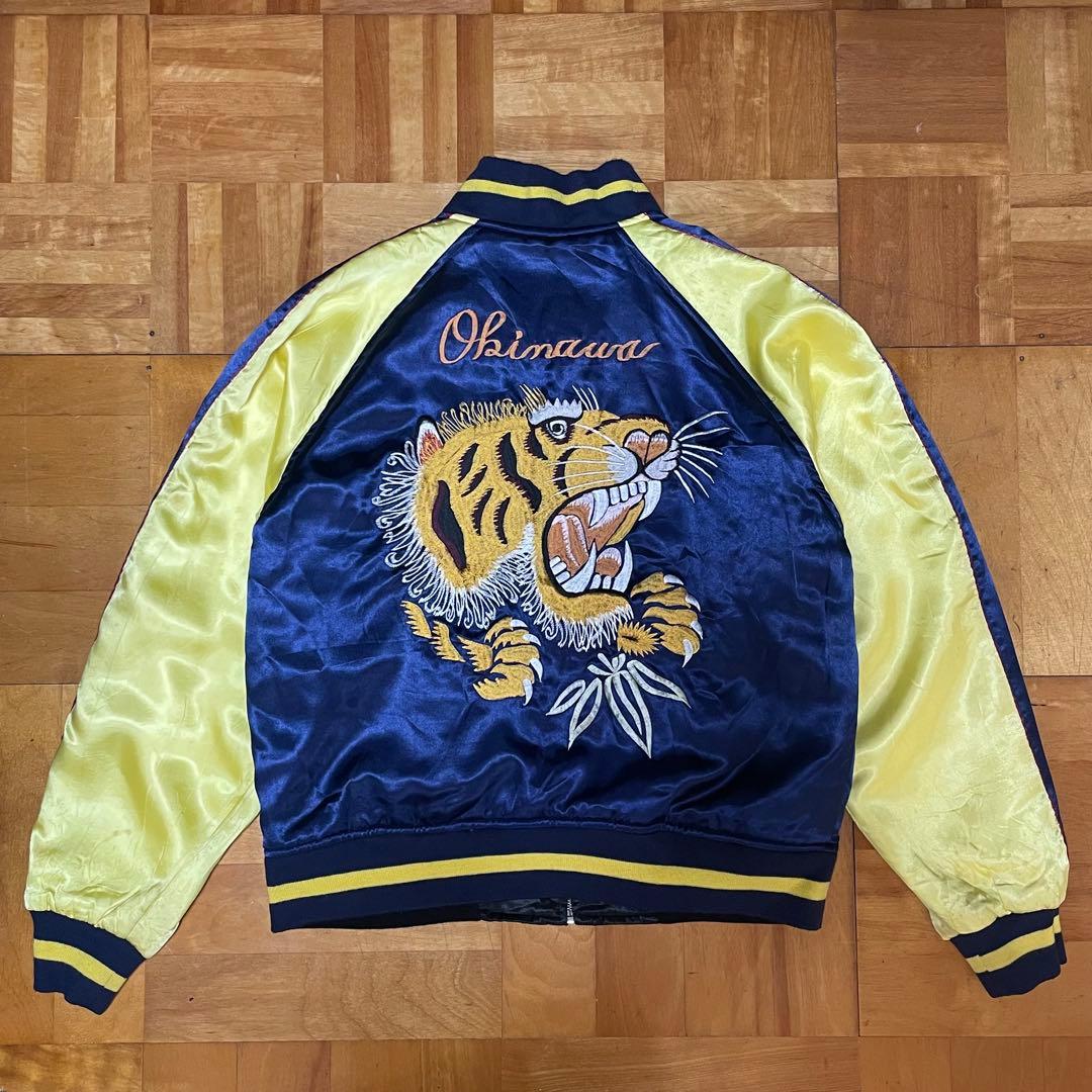 【SALE】90sスカジャン 沖縄マップ シーサー 鷹 虎 龍 刺繍