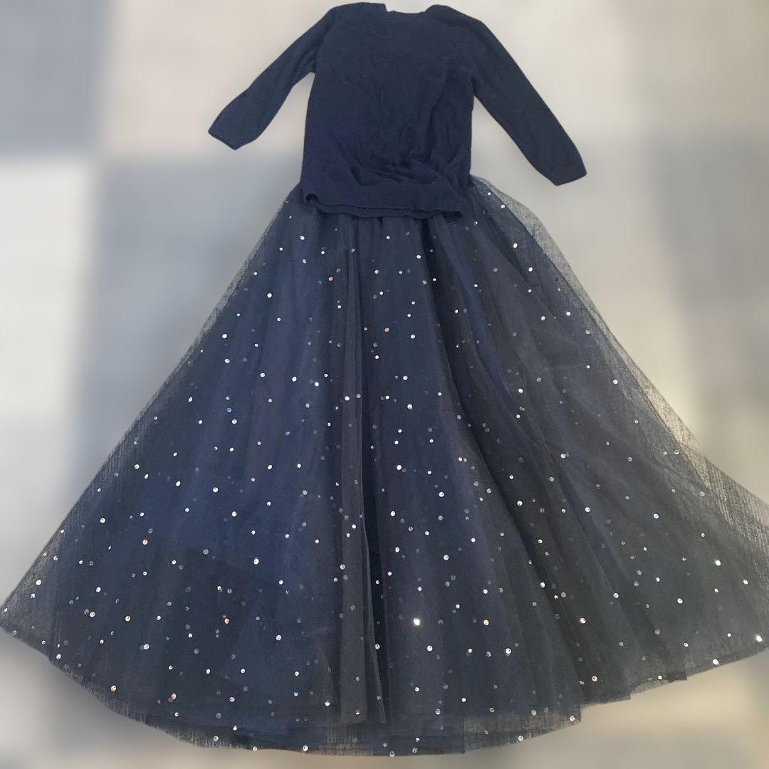 ザハニー　スパンコール付き星屑フレアロングスカート