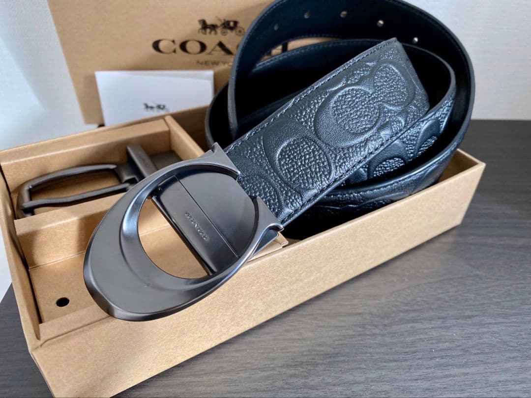 限定SALE♪コーチ　新品　ガンメタバックル　シグネチャーブラックベルトセット
