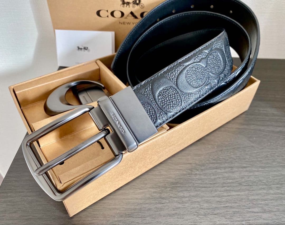 限定SALE♪コーチ　新品　ガンメタバックル　シグネチャーブラックベルトセット