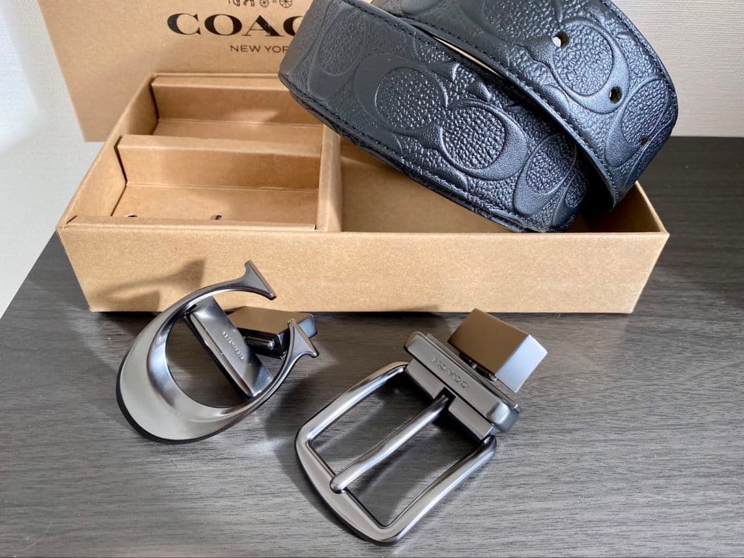 限定SALE♪コーチ　新品　ガンメタバックル　シグネチャーブラックベルトセット