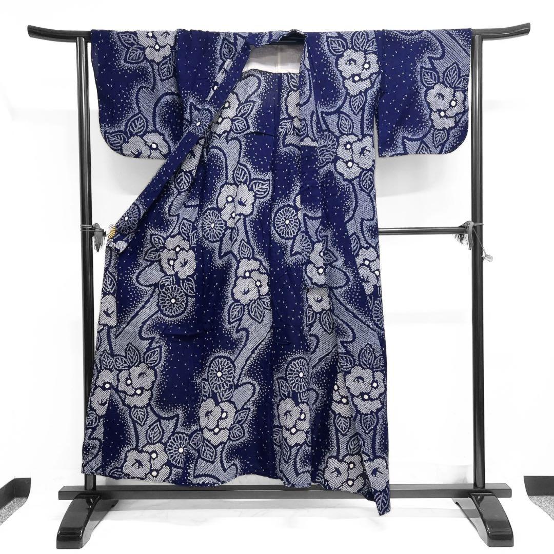 浴衣　有松鳴海絞り　菊　椿　流水　藍染　ネイビー　着物　064a d