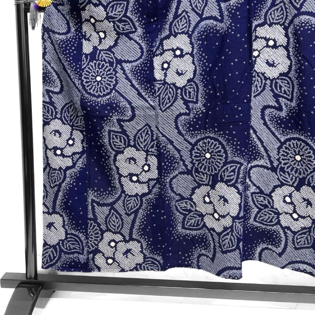 浴衣　有松鳴海絞り　菊　椿　流水　藍染　ネイビー　着物　064a d