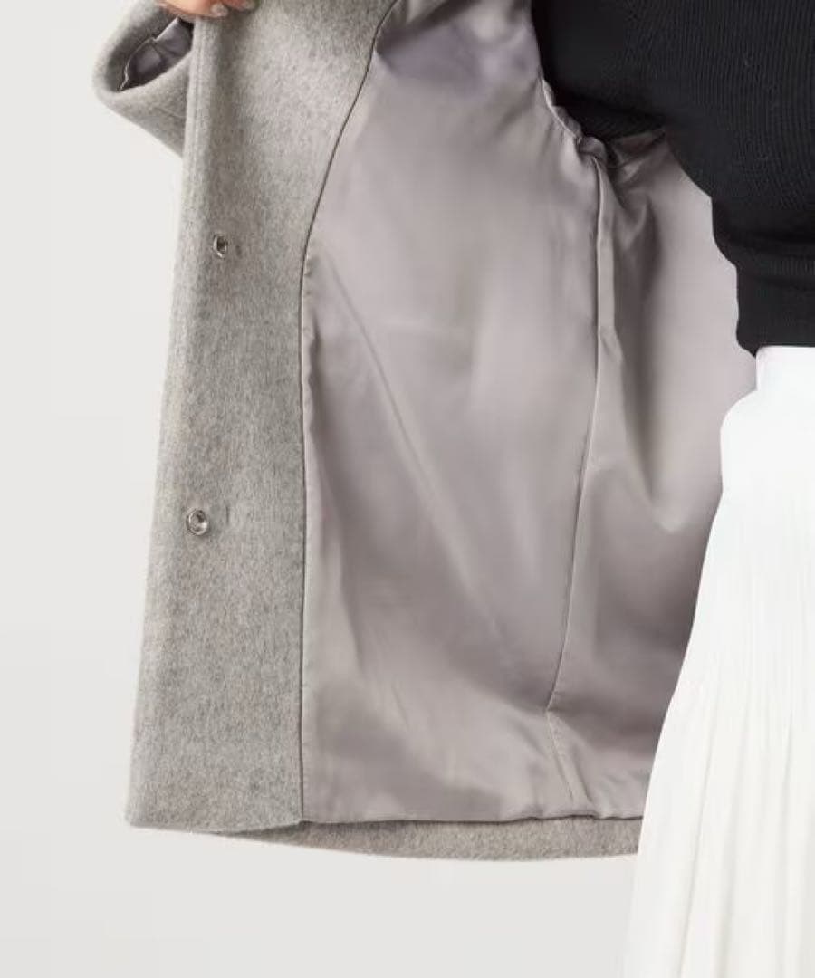 新品　グリーンレーベルアンゴラビーバー ノーカラー ミドル コートライトグレーS