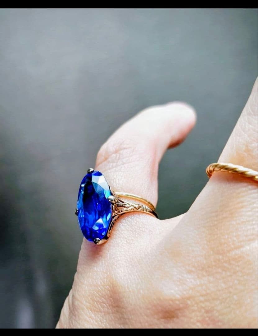 希少✨️戦前✧*。K18 合成サファイア ２色金 昭和ヴィンテージリング 6号