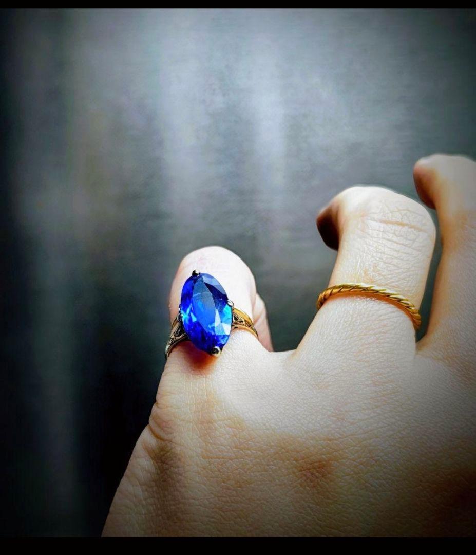 希少✨️戦前✧*。K18 合成サファイア ２色金 昭和ヴィンテージリング 6号