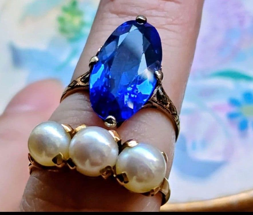 希少✨️戦前✧*。K18 合成サファイア ２色金 昭和ヴィンテージリング 6号