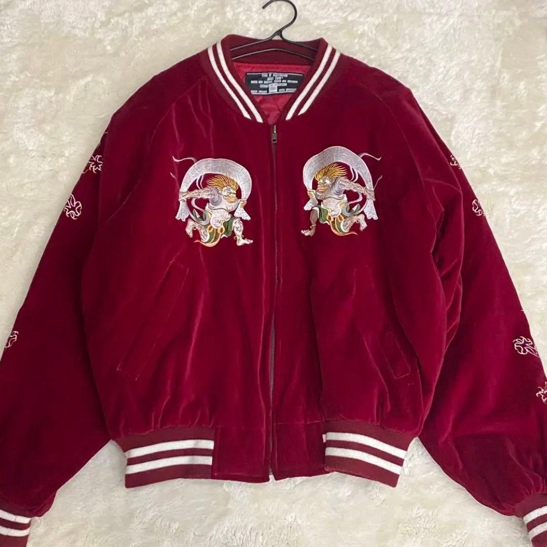 【美品】ジャングルストーム 別珍 ベロア スカジャン 風神 刺繍 L