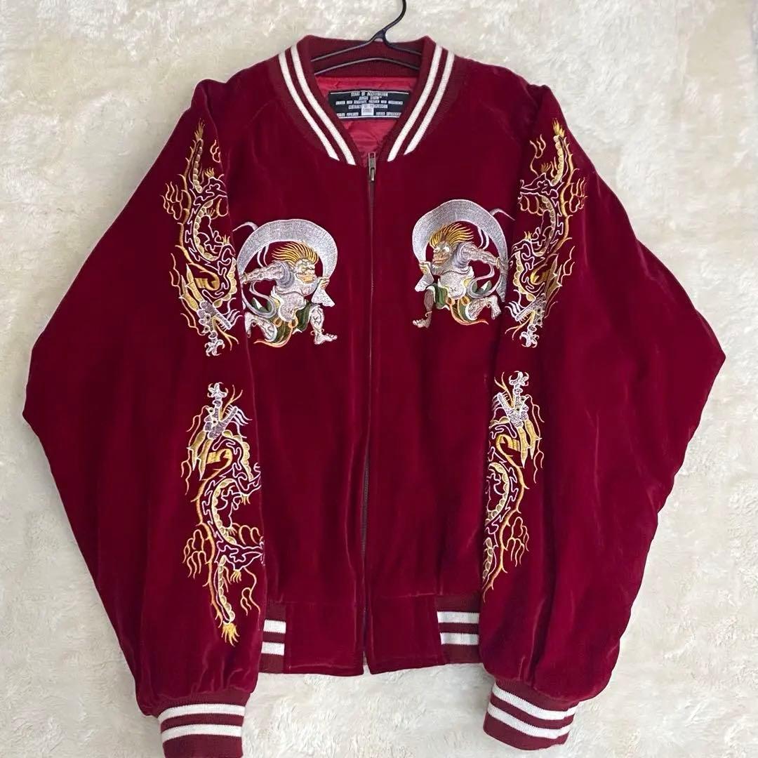 【美品】ジャングルストーム 別珍 ベロア スカジャン 風神 刺繍 L