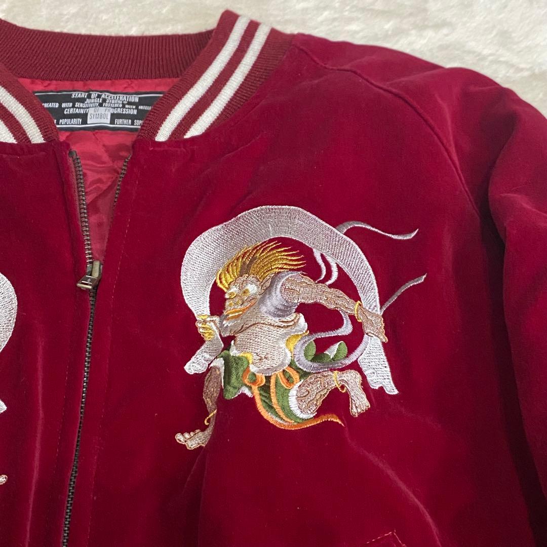 【美品】ジャングルストーム 別珍 ベロア スカジャン 風神 刺繍 L