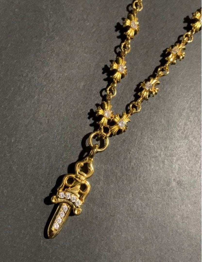 22k ダイヤ　タイニークロスチェーン　ダガー　ネックレス　50㎝