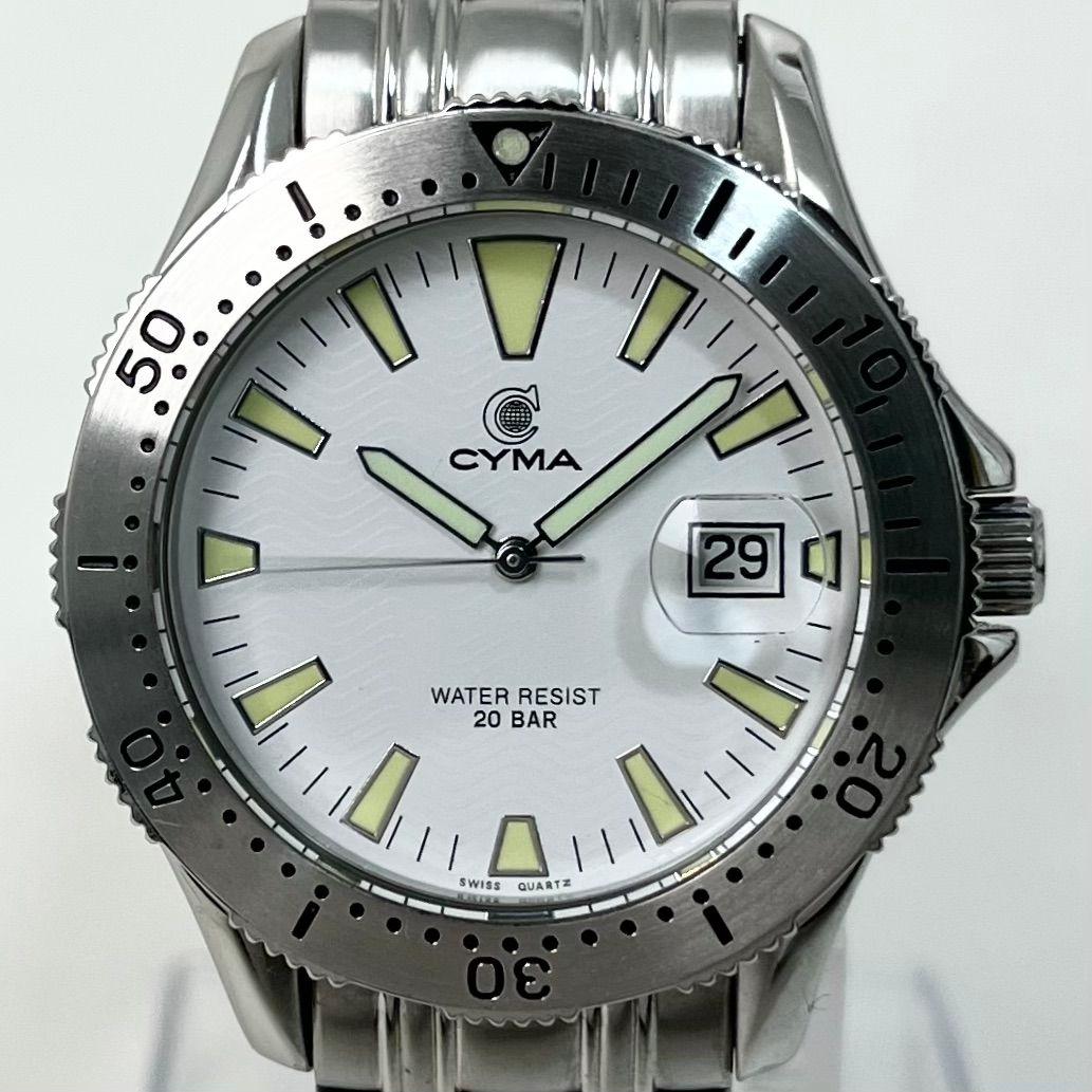 【稼働】 美品 CYMA 200-3 ダイバー 白文字盤 腕時計 シルバー