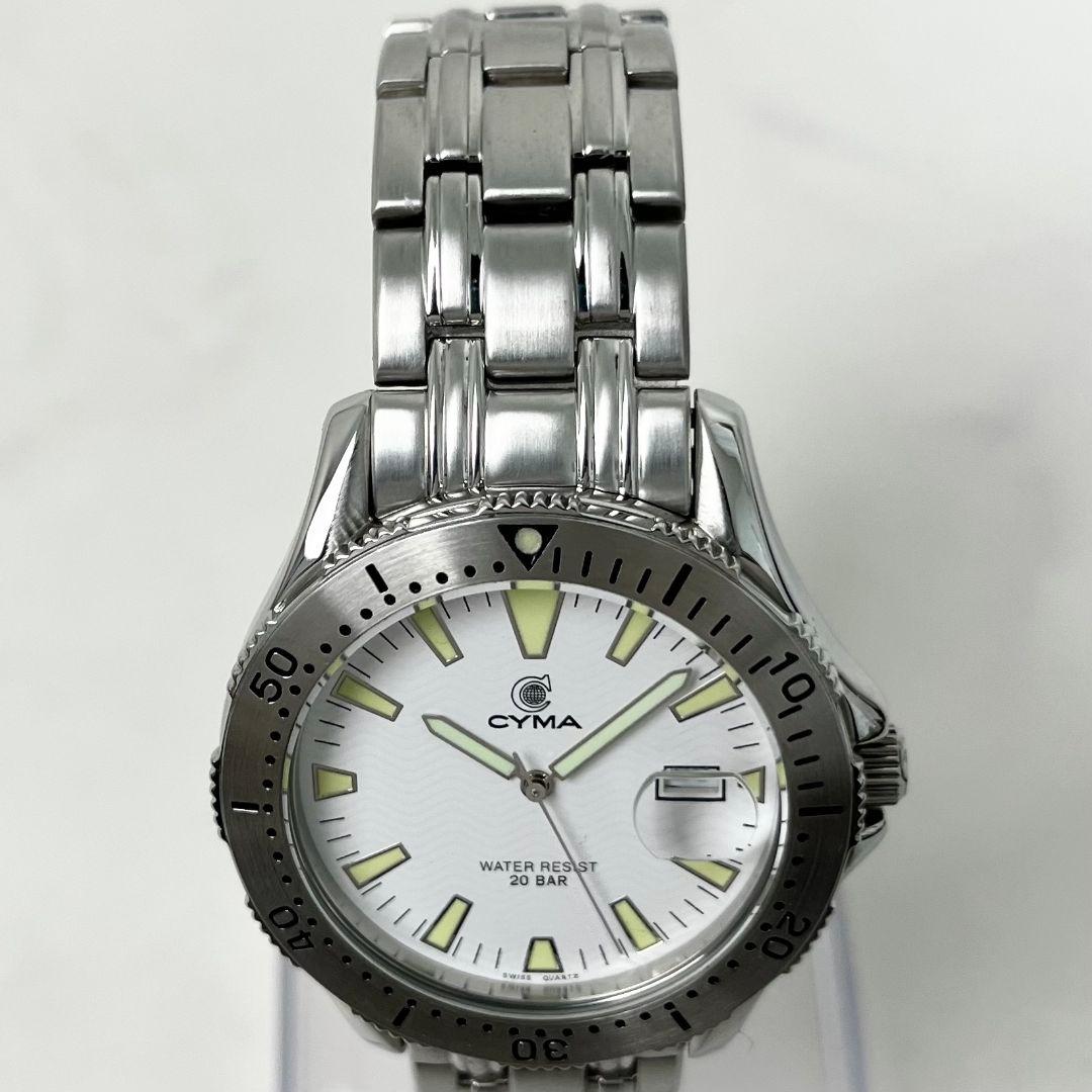 【稼働】 美品 CYMA 200-3 ダイバー 白文字盤 腕時計 シルバー