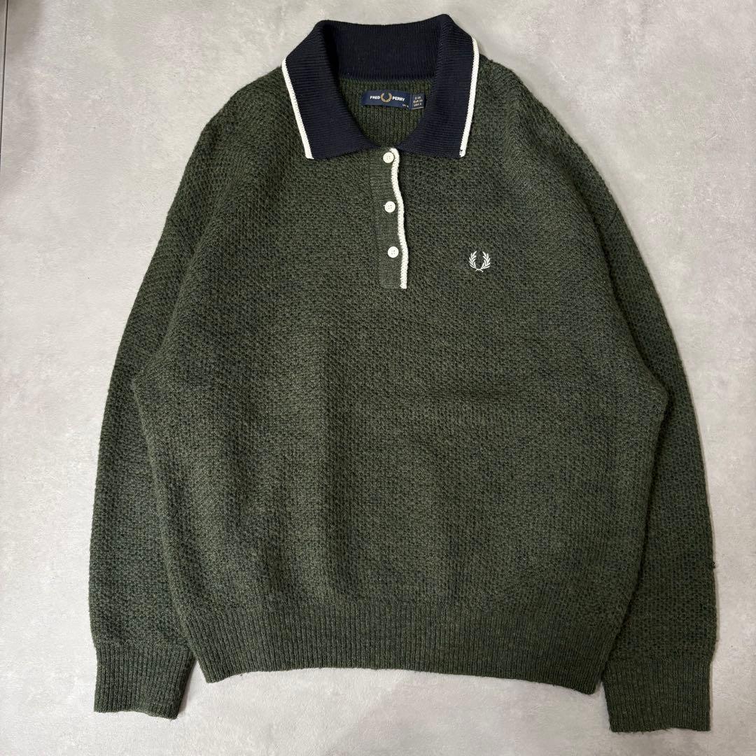 フレッドペリー Fred Perry ウールニットポロシャツ 月桂樹 カーキ L