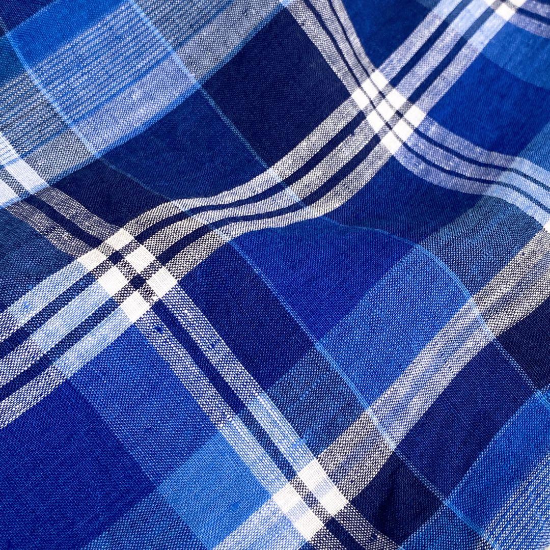 美品✨ラルフローレン　チェック柄リネン100%BD長袖シャツ　麻　ブルー　XL