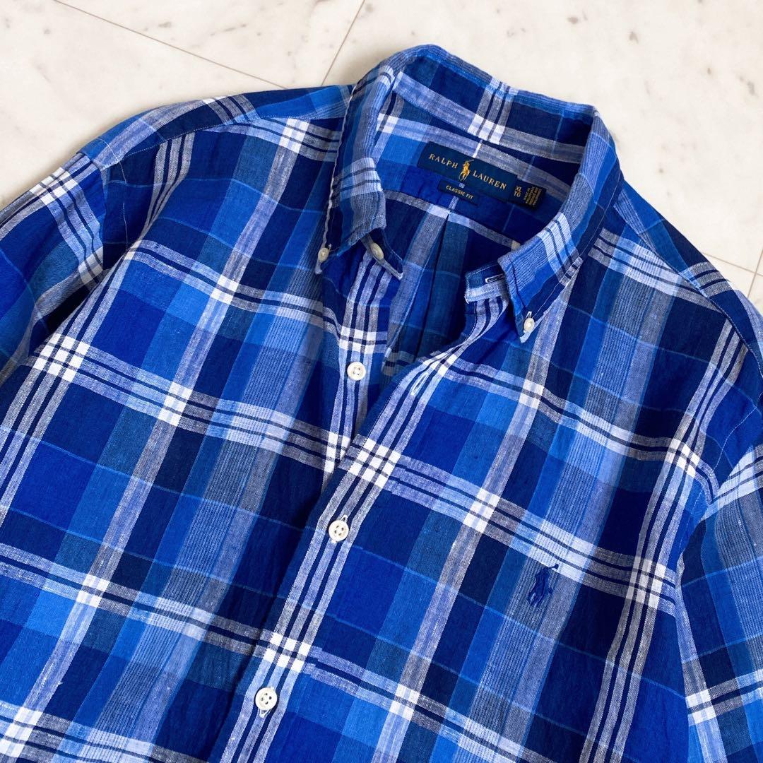 美品✨ラルフローレン　チェック柄リネン100%BD長袖シャツ　麻　ブルー　XL