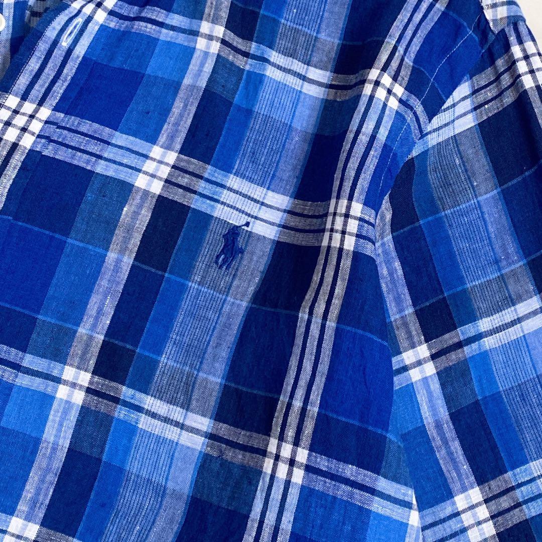美品✨ラルフローレン　チェック柄リネン100%BD長袖シャツ　麻　ブルー　XL