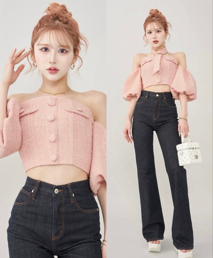 darich ダーリッチ ホルターネックオフショルツイードトップス ピンク