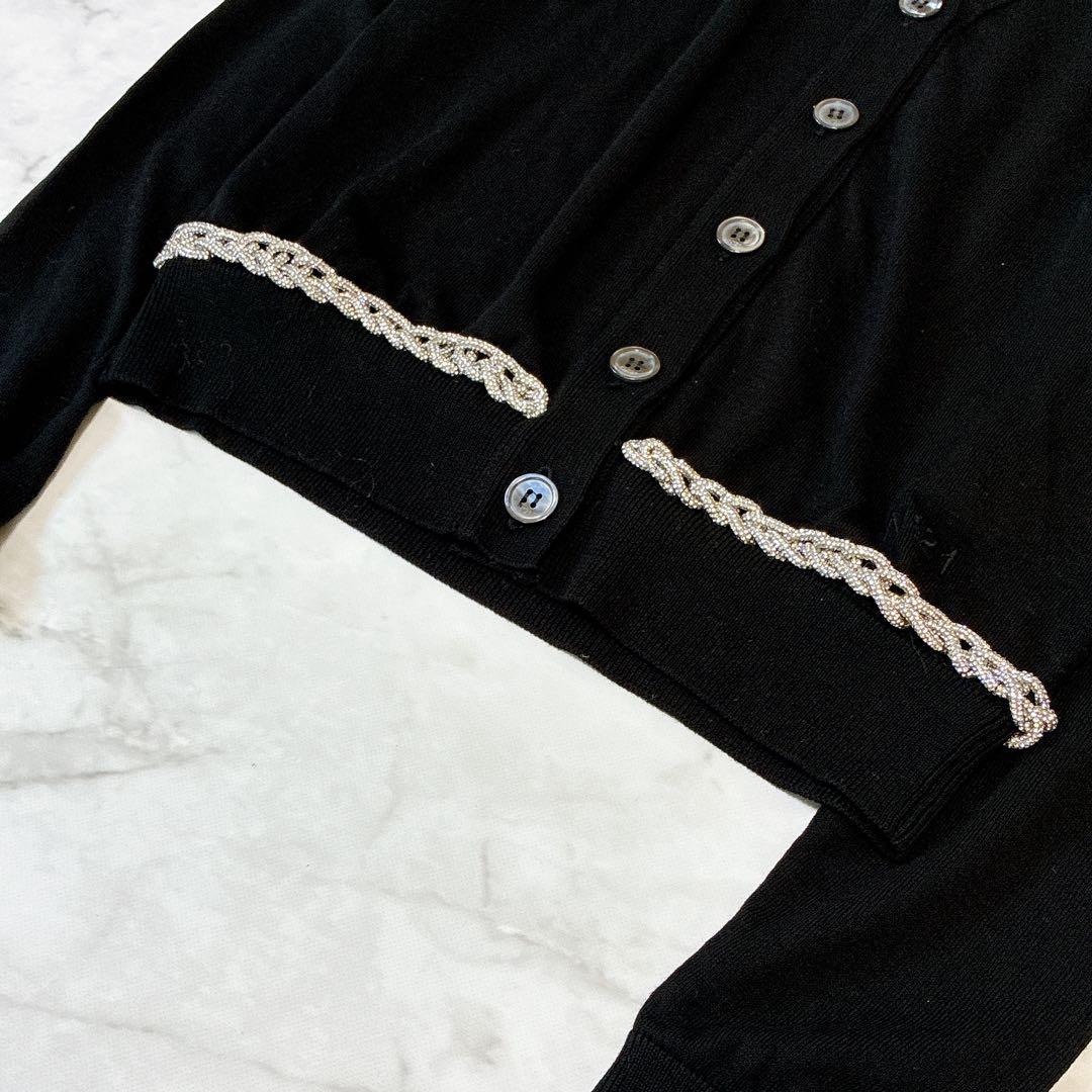 N°21 カーディガン　チェーン　ラインストーン　ロゴ刺繍　イタリア製　ブラック