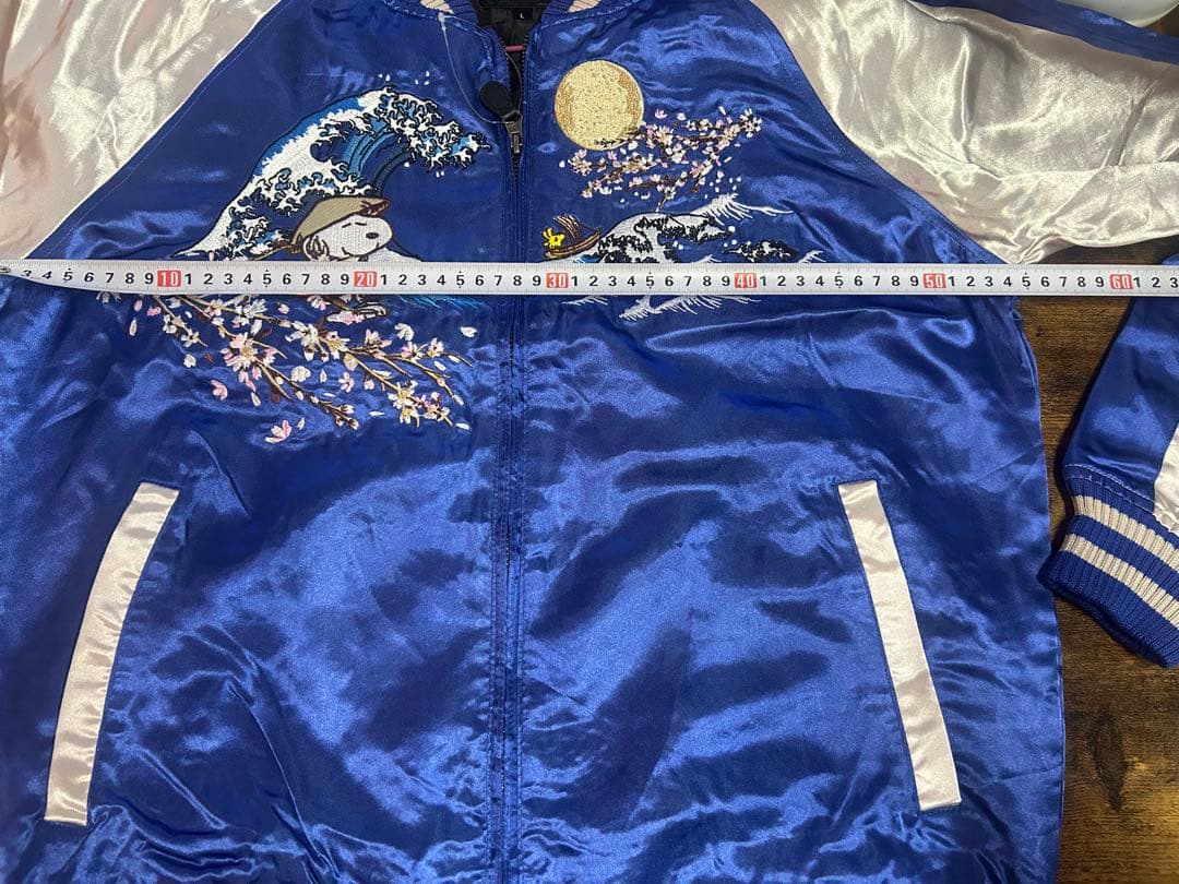 PEANUTS スカジャン 青 Japan 桜 波刺繍　スヌーピー スカジャン