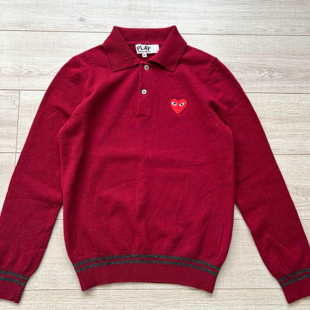 プレイ コムデギャルソン ニットポロ ハートワッペン M ボルドー リブライン