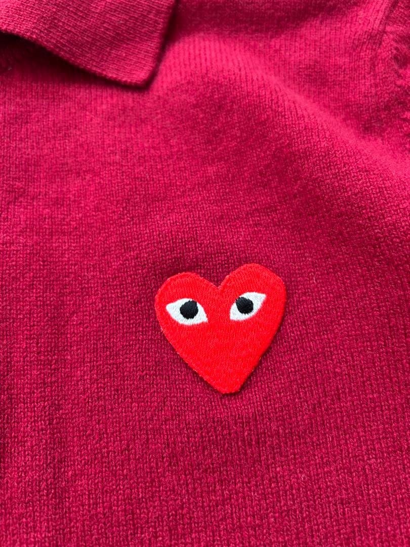 プレイ コムデギャルソン ニットポロ ハートワッペン M ボルドー リブライン