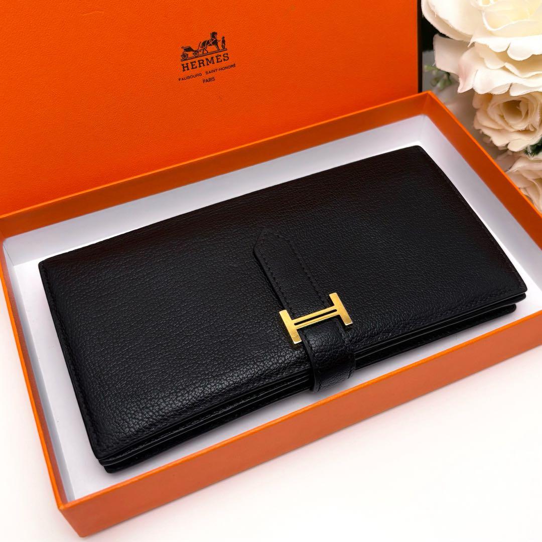HERMES エルメス べアン スフレ 黒 ブラック ゴールド金具 長財布