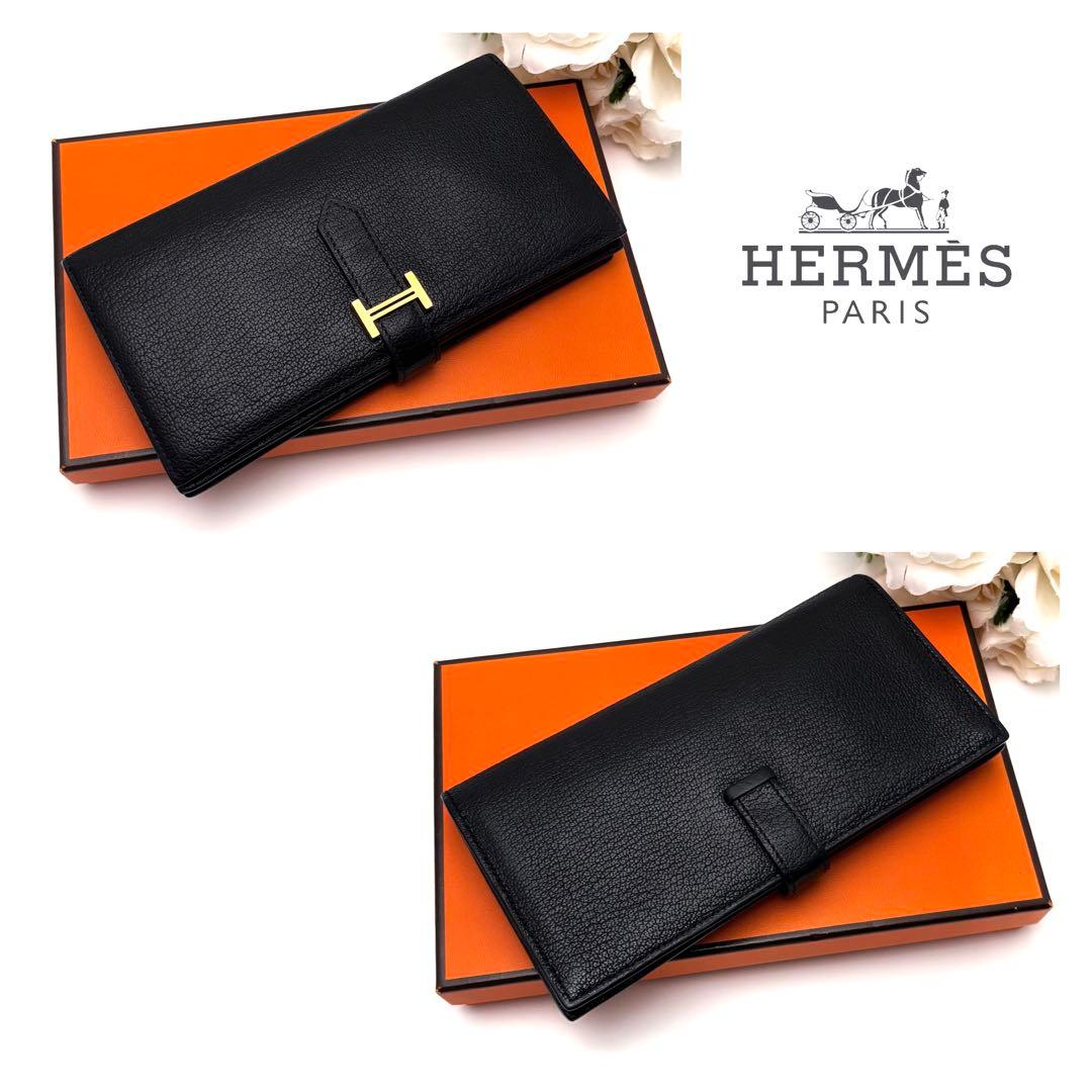 HERMES エルメス べアン スフレ 黒 ブラック ゴールド金具 長財布