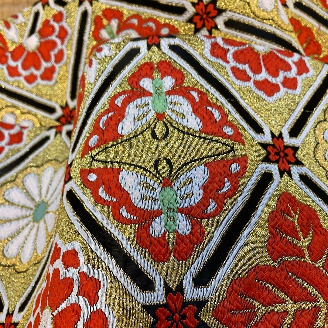 七五三　帯　両面柄　七歳　ゴールド系　結び帯　蝶