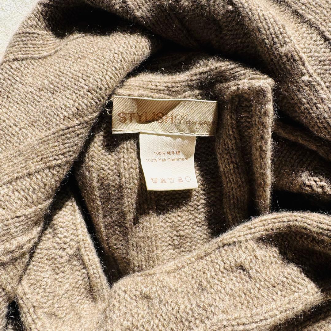 内モンゴル産　ヤクカシミヤ 100 ニット ポンチョ　フリンジ付き ブラウン系