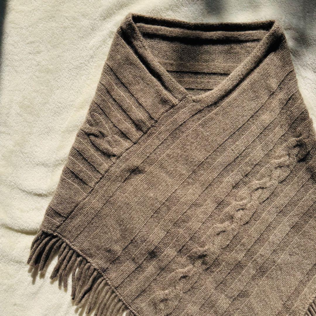 内モンゴル産　ヤクカシミヤ 100 ニット ポンチョ　フリンジ付き ブラウン系