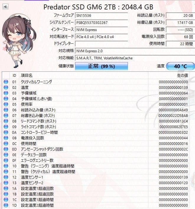 内蔵型SSD Acer Predator M.2 SSD 2TB GM6 NVMe2.0 22