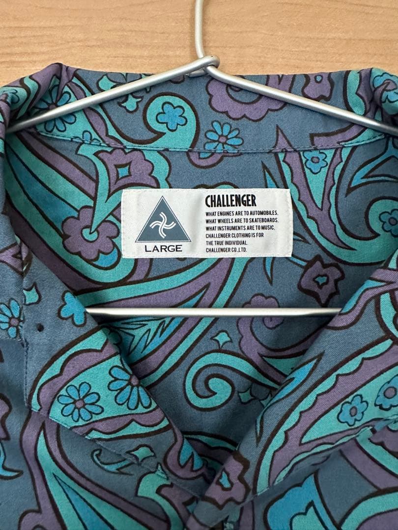 ア*ロ様 CHALLENGER 半袖シャツ Lサイズ ブルーグレー×パープル