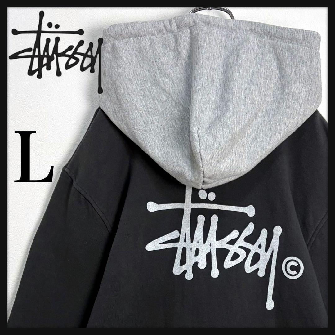 【美品】ステューシー ビッグプリントパーカー バイカラー チャコールグレー