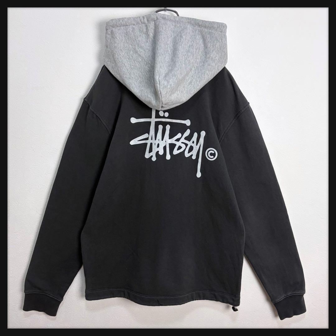 【美品】ステューシー ビッグプリントパーカー バイカラー チャコールグレー