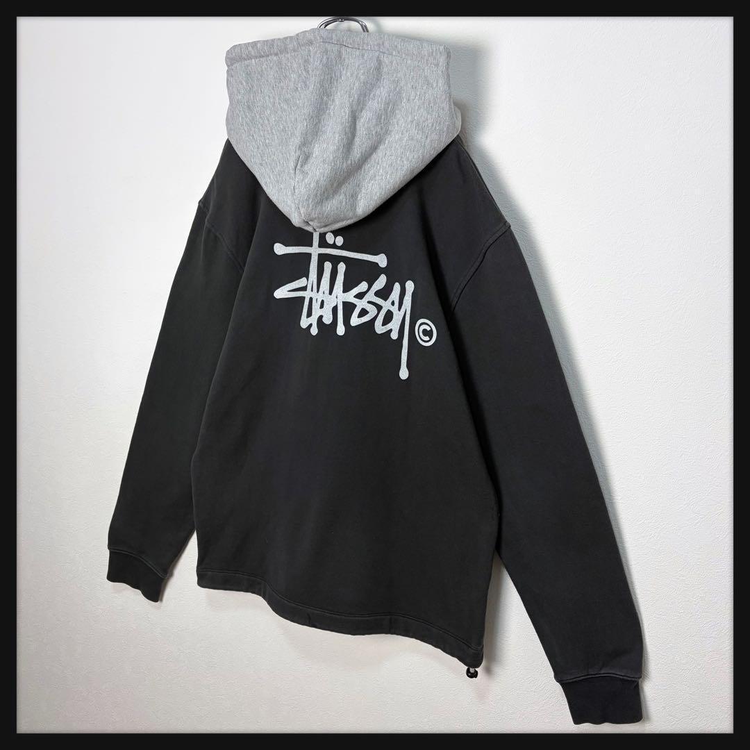 【美品】ステューシー ビッグプリントパーカー バイカラー チャコールグレー