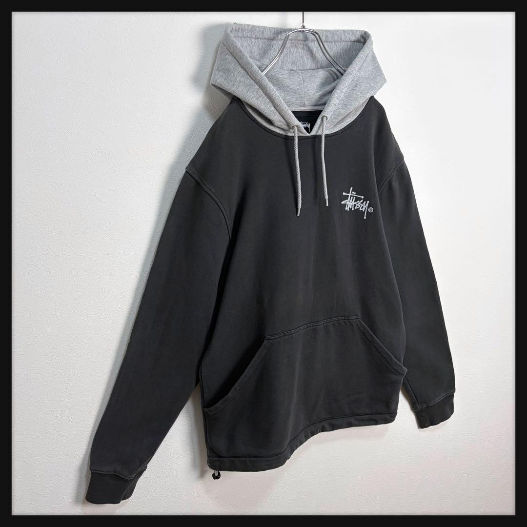 【美品】ステューシー ビッグプリントパーカー バイカラー チャコールグレー