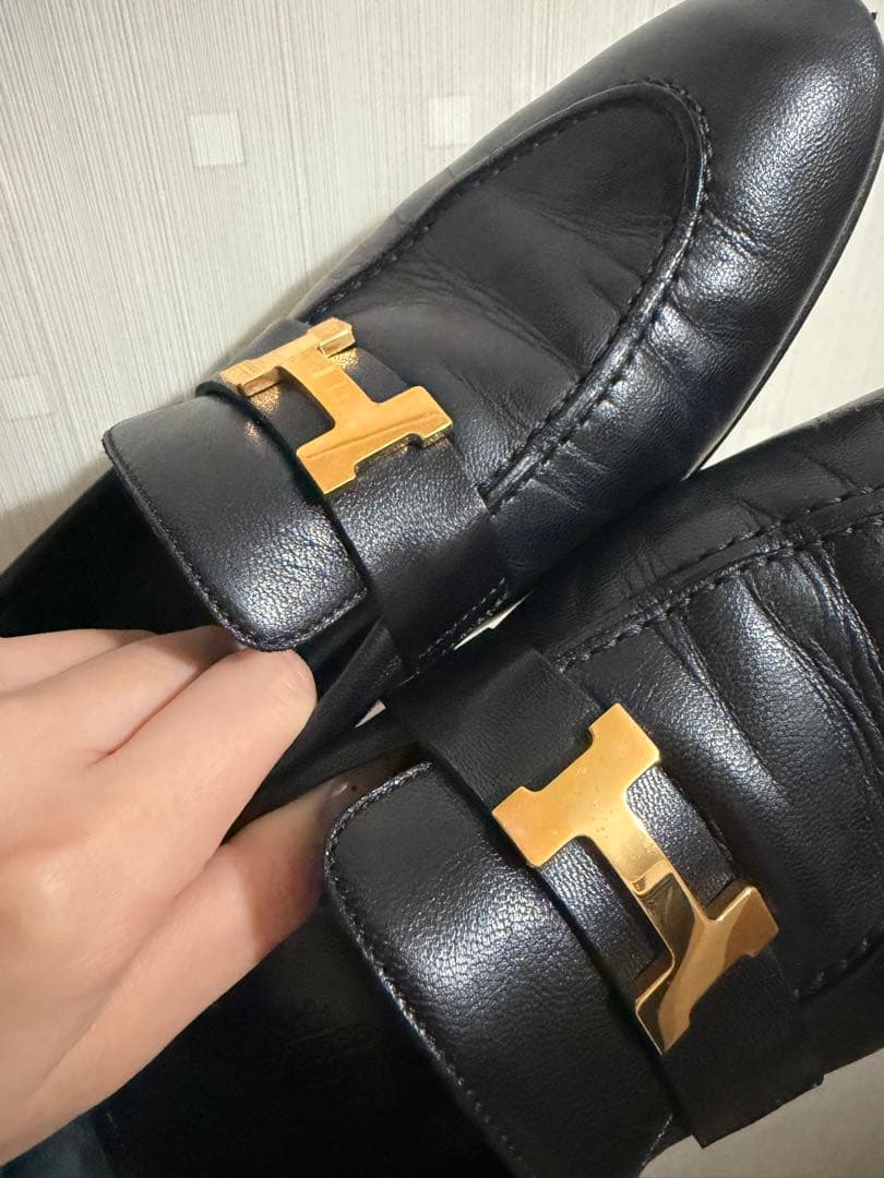 HERMES エルメス モカシンパリ ローズゴールド 金具 黒　39