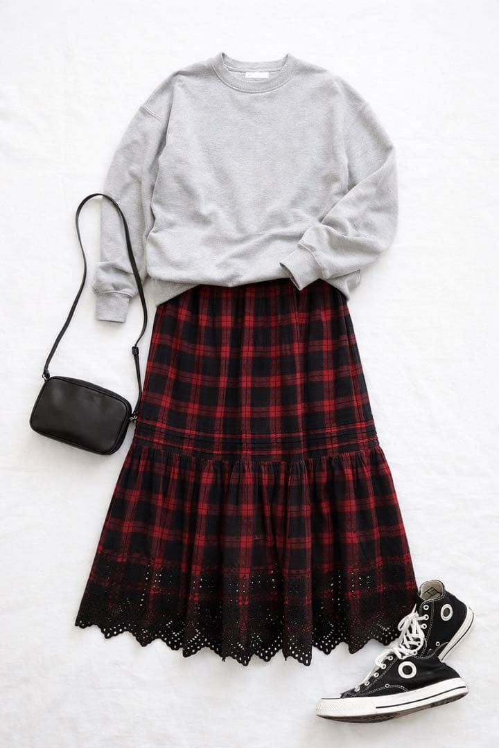 ichiスカラップエンブロイダリー チェックスカート