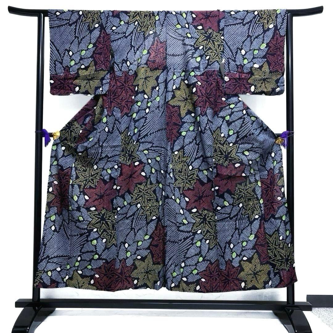 浴衣　有松鳴海絞り　楓　リーフ　ドット　藍染　着物　074a p