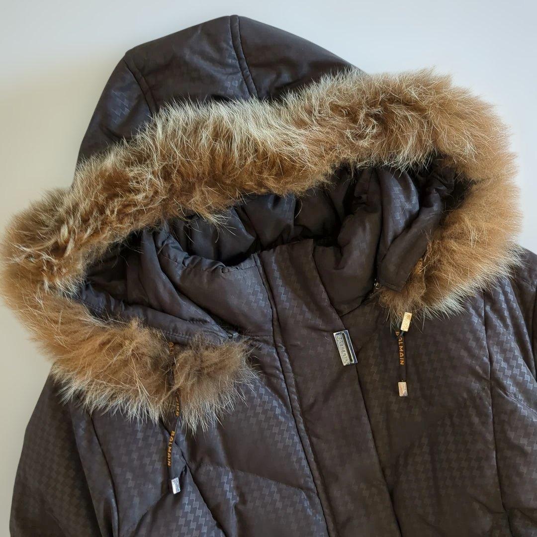 極美品★バルマン ダウンコート フード フォックスファー L総柄 ダークブラウン