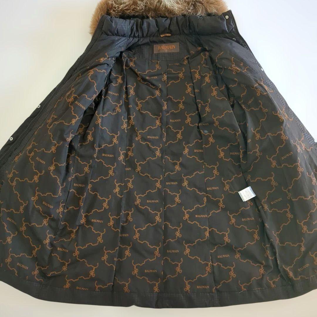 極美品★バルマン ダウンコート フード フォックスファー L総柄 ダークブラウン