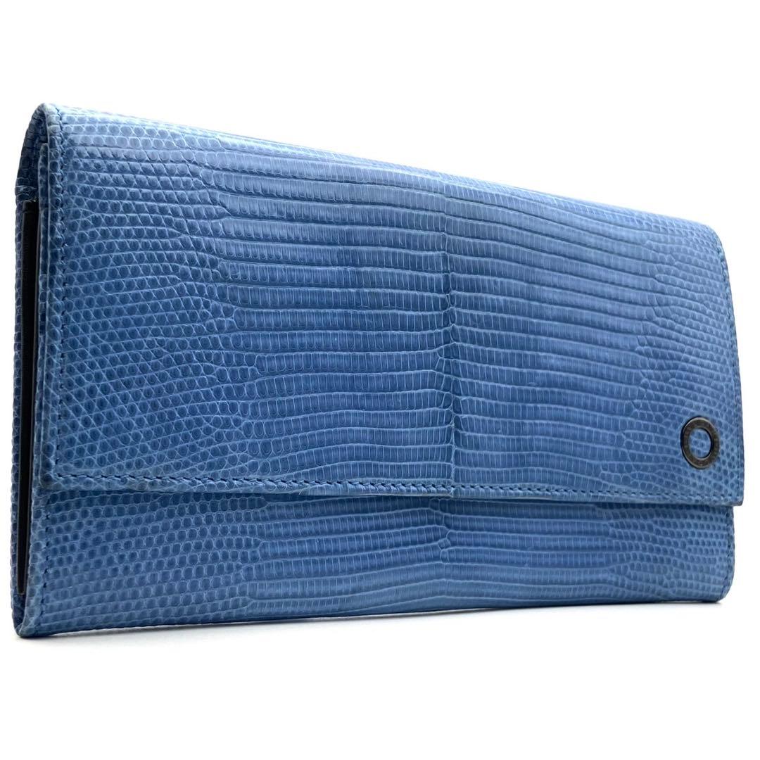 希少/極美品● ブルガリ 長財布 二つ折り ロゴ金具 リザード ブルー レザー